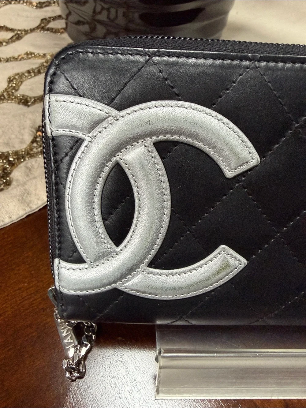 CHANEL Black Quilted Zip Wallet with Silver CC Patch
